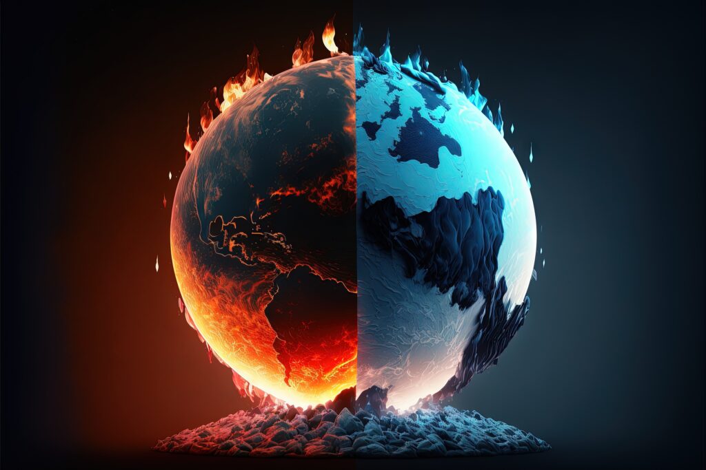 burning / freezing globe, climate change in crisis