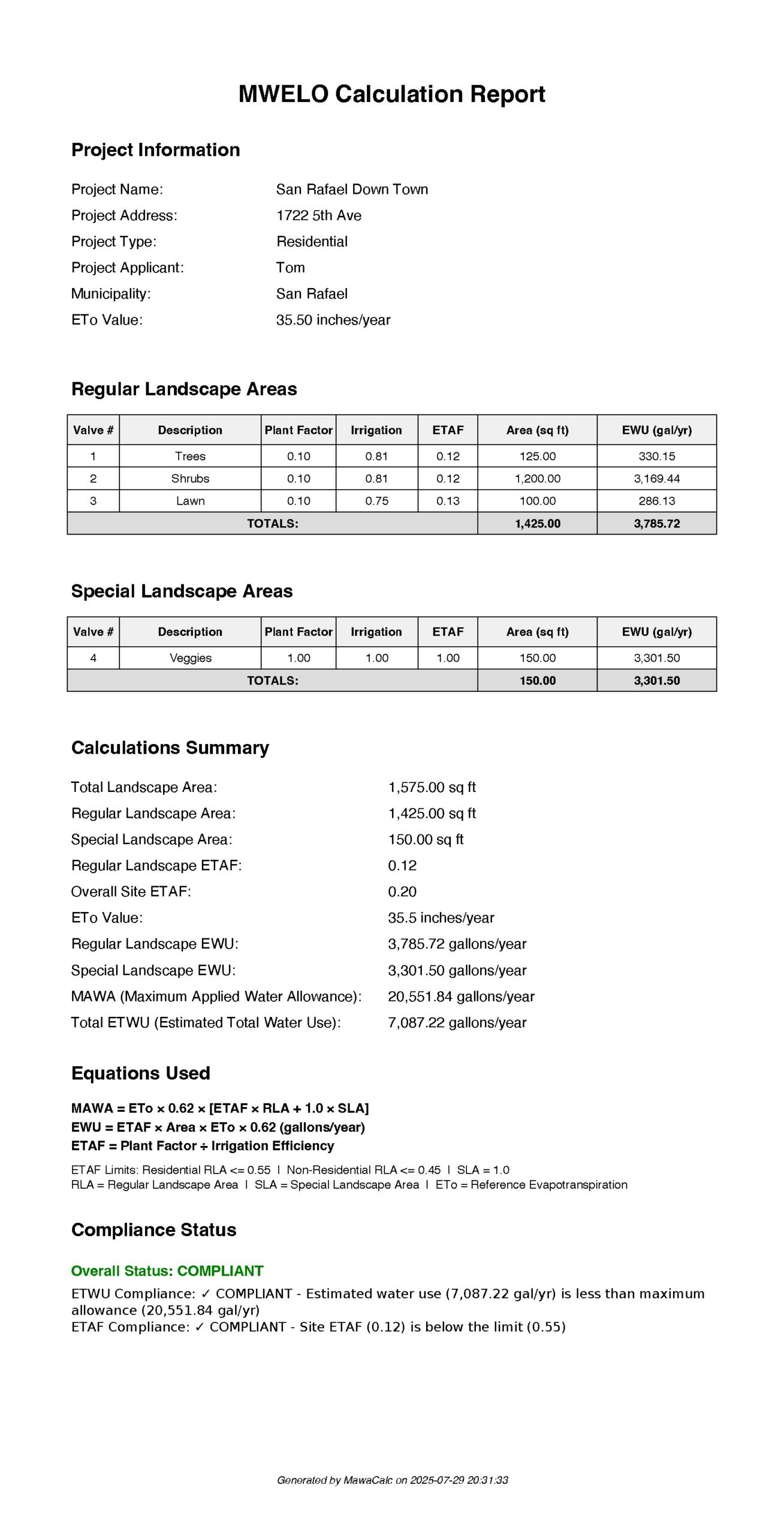 MAWACalc sample PDF Report