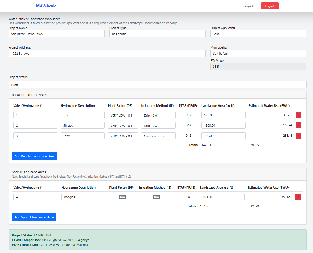 Screenshot of MAWACalc app