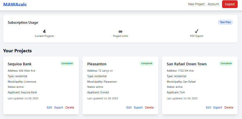 Screenshot of MAWACalc app dashboard